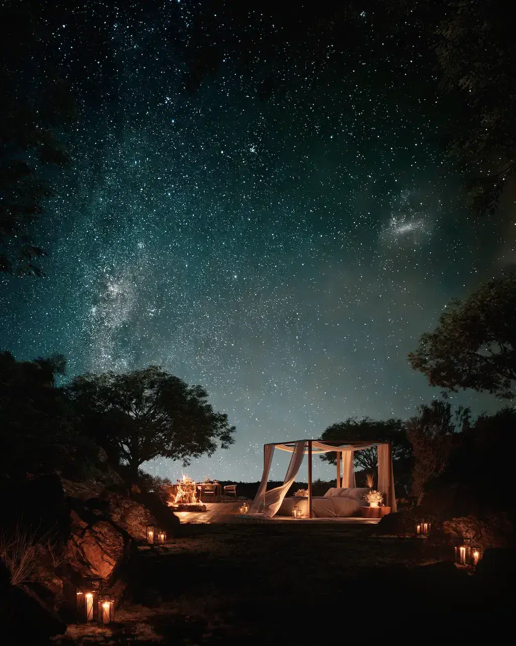 A canopied bed set out under a starry night sky